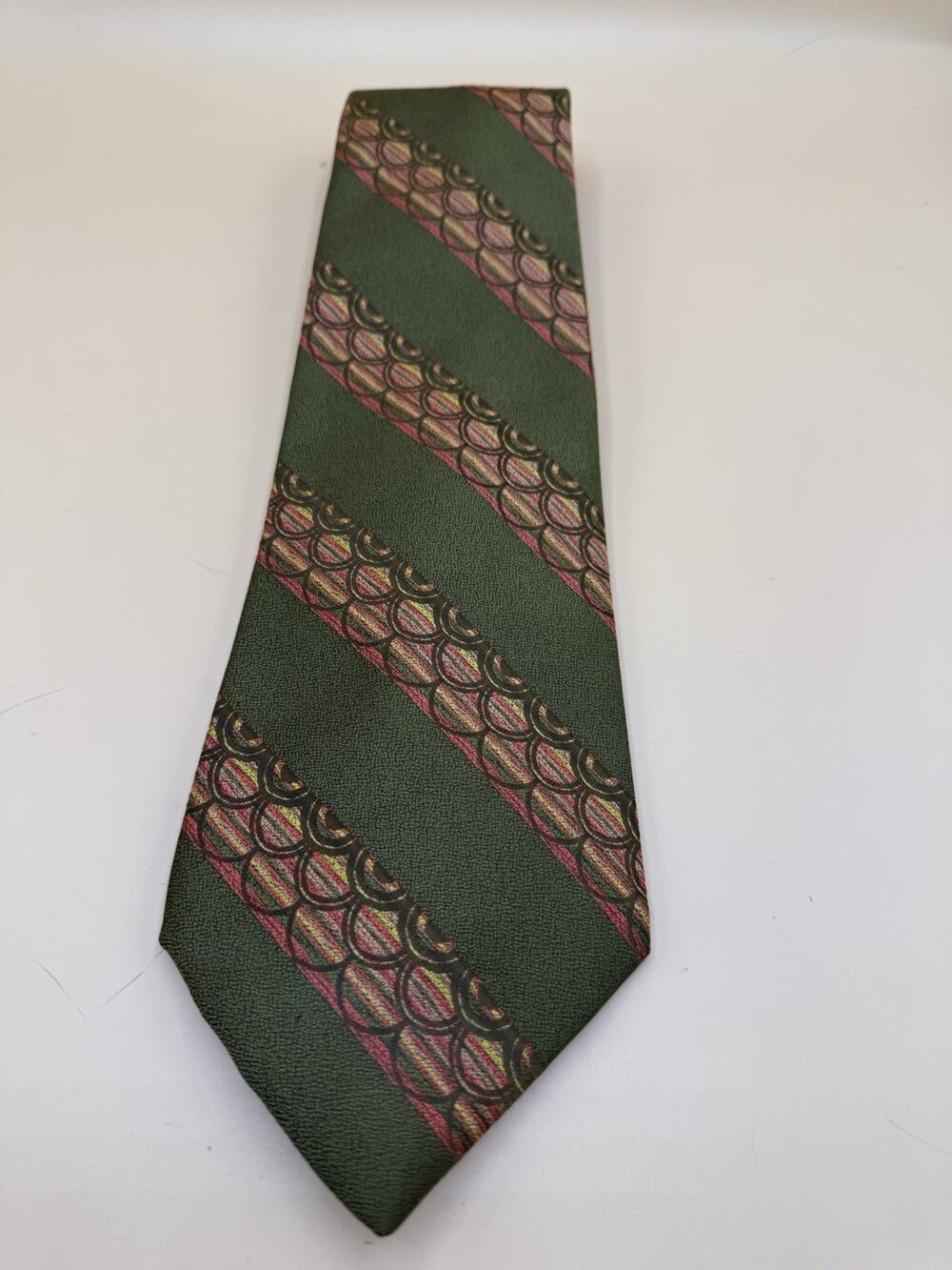 Vintage Wembley A Wembloom Tie Olive Green Pink Geometric Stripe Necktie